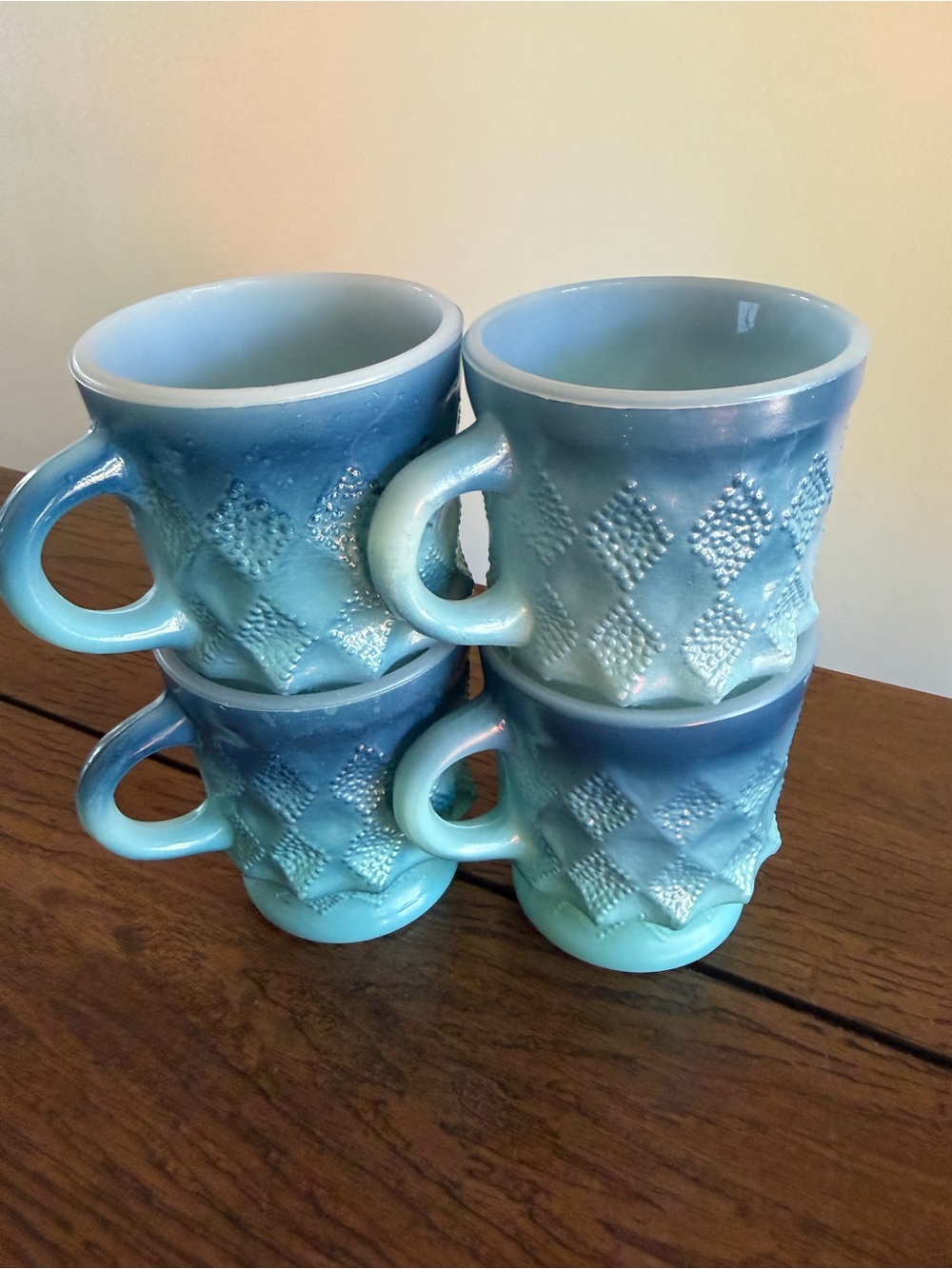 Vintage 1960s-70s Anchor Hocking Fire King Blue Kimberly Diamond Mugs Set of 4 - Picture 3 of 9